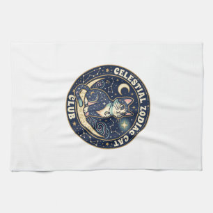 Celestial Zodiac Cat Cute Cat T-Shirt Design - Cel Kitchen Towel