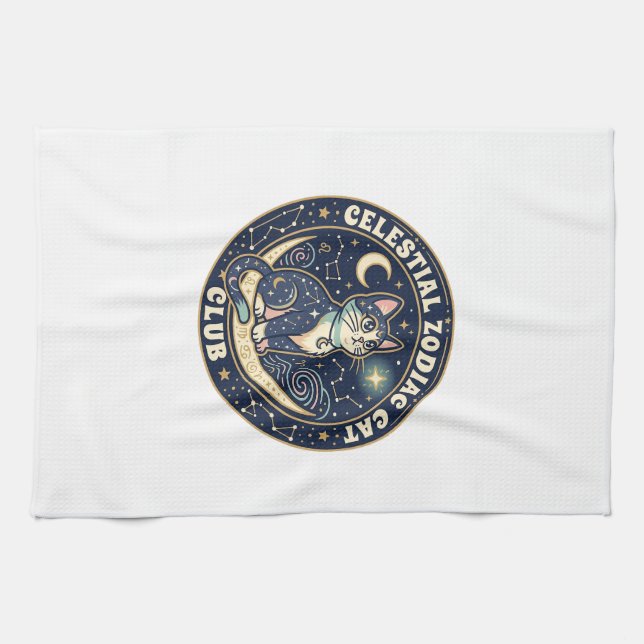 Celestial Zodiac Cat Cute Cat T-Shirt Design - Cel Kitchen Towel (Horizontal)