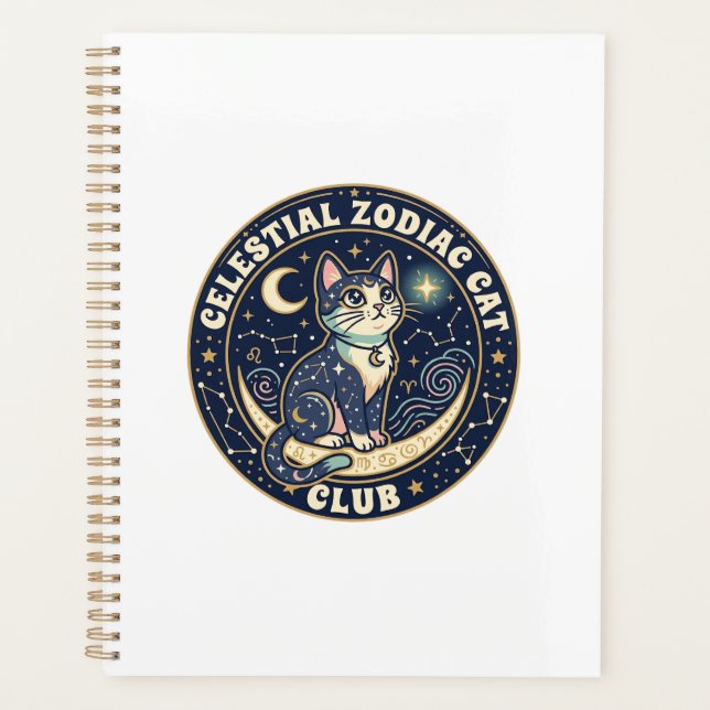 Celestial Zodiac Cat Cute Cat T-Shirt Design - Cel Planner (Front)