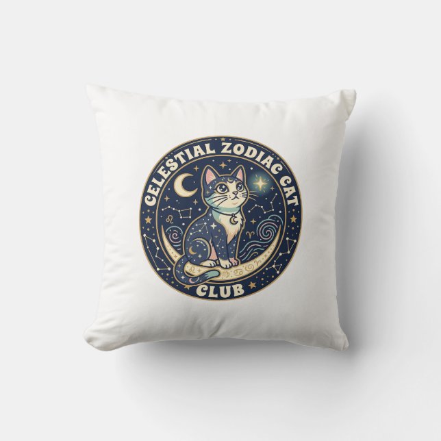 Celestial Zodiac Cat Cute Cat T-Shirt Design - Cel Throw Pillow (Front)