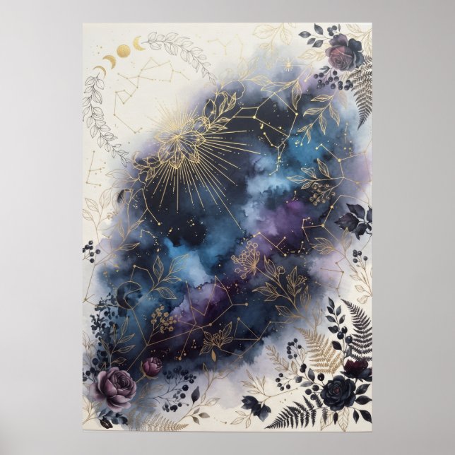 Celestial Zodiac Moth Dark Floral Poster (Front)
