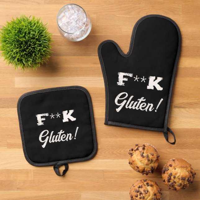Celiac Joke, Hate Gluten Funny Oven Mitt & Pot Holder Set (Top Down)