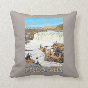 Celilo Falls Fishing Vintage Travel Poster Throw Pillow