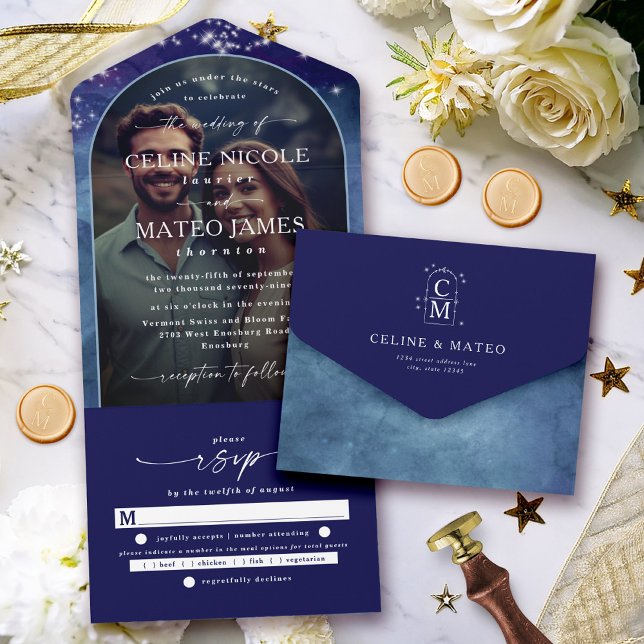 Celine • Celestial Night Starry Sky Custom Photo All In One Invitation (Make your wedding planning easy and elegant with the Celine all-in-one invitation and RSVP card!)