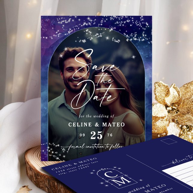 Celine • Elegant Starry Sky Photo Save the Date Announcement Postcard (Announce your wedding with the Celine Save the Date postcard, featuring a photo and monogram.)