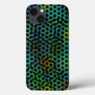 Cell phone case, green with circle and shapes. iPhone 13 case