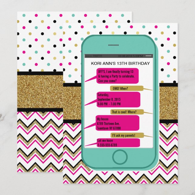 Cell Phone Texting  Invitation - Teen Birthday (Front/Back)