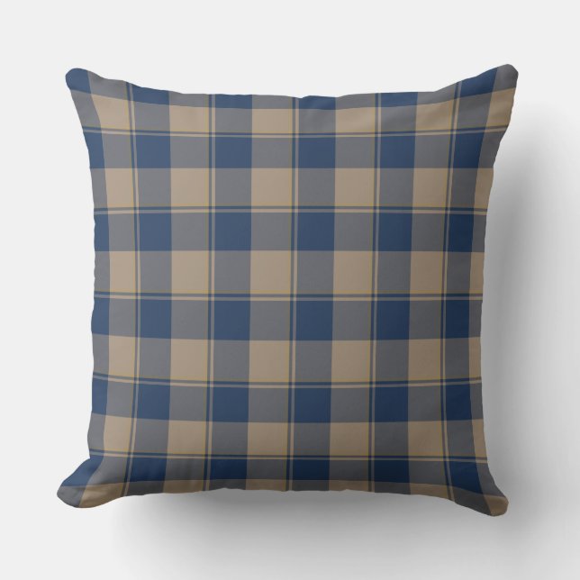 Cello Blue and Donkey Brown Plaid Throw Pillow (Front)