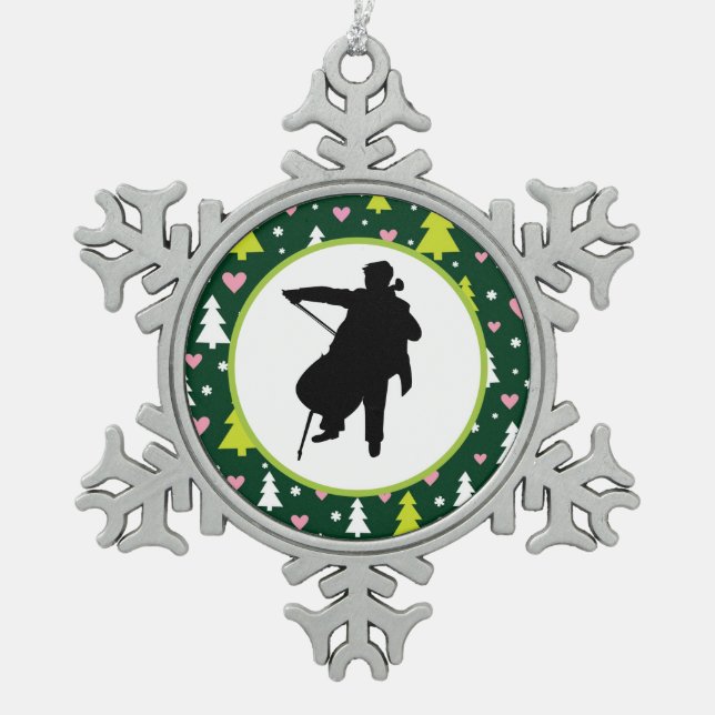 Cello Player Orchestra Music Snowflake Pewter Christmas Ornament (Front)