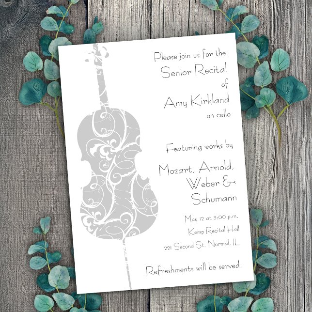 Cello Recital Invitation (Customizable cello recital invitation template by Horn and Castle.)