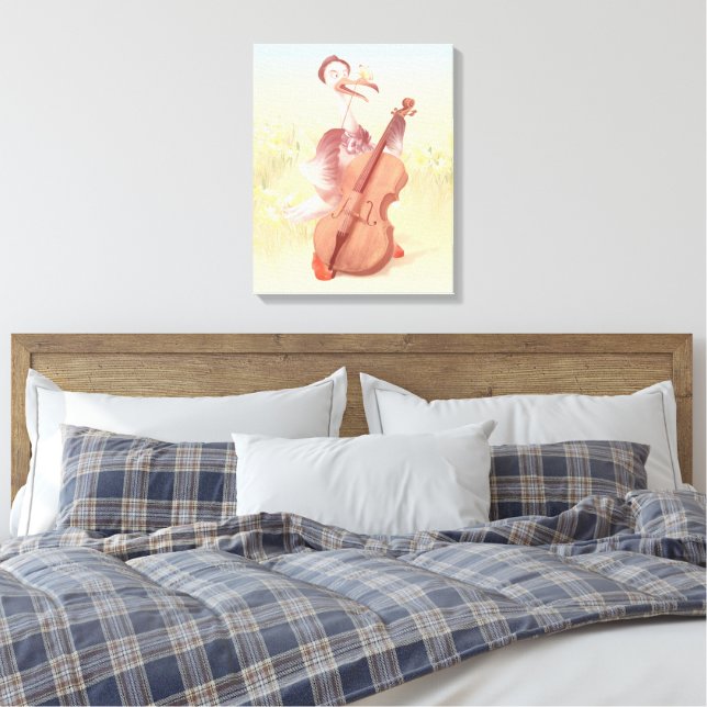 Cello Stork: Classical Music Animal in Yellow Mead Canvas Print (Insitu(Bedroom))