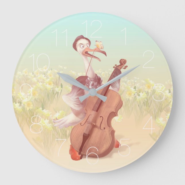 Cello Stork: Classical Music Animal in Yellow Mead Large Clock (Front)