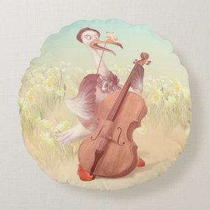 Cello Stork: Classical Music Animal in Yellow Mead Round Pillow