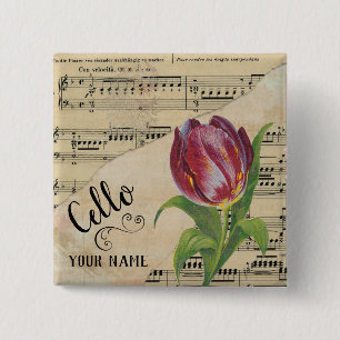 Cello Tulip Vintage Sheet Music Customized 2 Inch Square Button