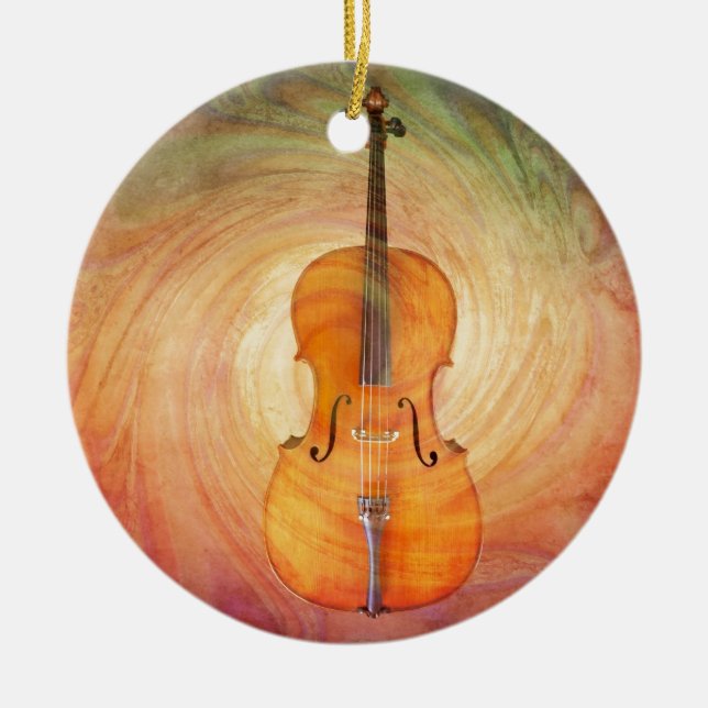 Cello with warm colourful textured background. ceramic ornament (Front)