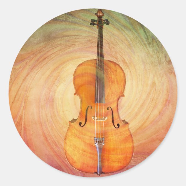 Cello with warm colourful textured background. classic round sticker (Front)