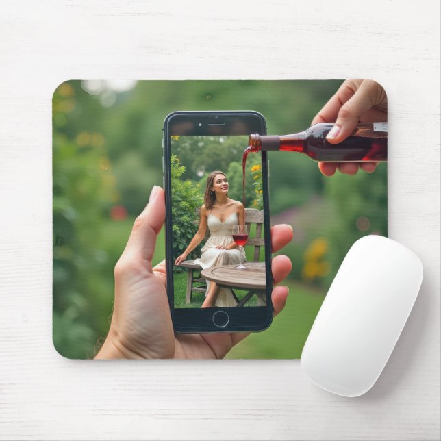Cellphone Woman With Pouring Wine Mouse Pad (With Mouse)