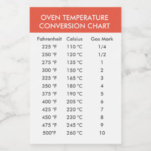 Celsius To Fahrenheit Oven Conversion Chart Label