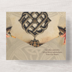 Celtic art and floral splendor in warm tones. all in one invitation