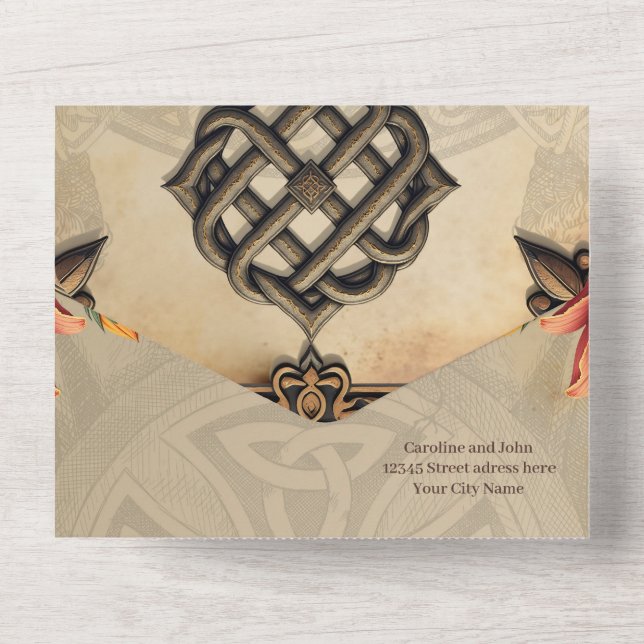 Celtic art and floral splendour in warm tones.  all in one invitation (Back)