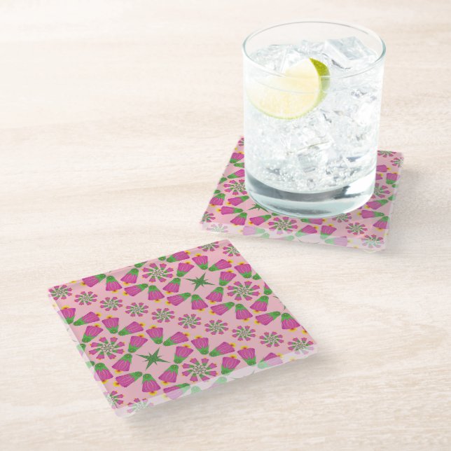 Celtic Bell Flower Mandala Pink Glass Coaster (Angled)