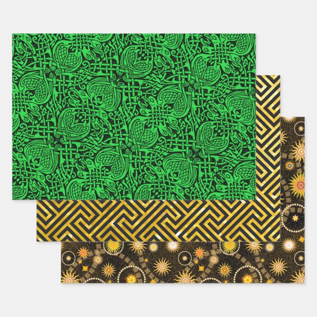 Celtic Bird Knotwork, Amber Meander and Tyson  Wrapping Paper Sheet (Set)