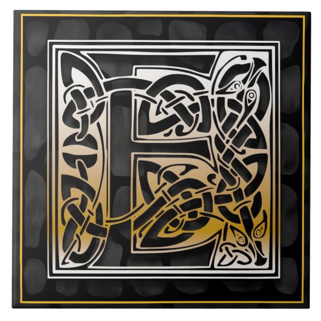 Celtic Black Stone E Monogram Initial Tile (Front)