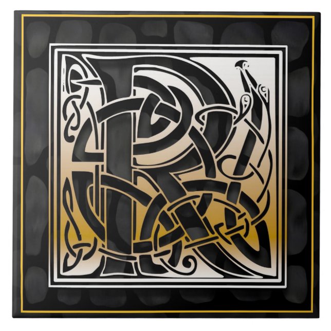 Celtic Black Stone R Monogram Initial Tile (Front)