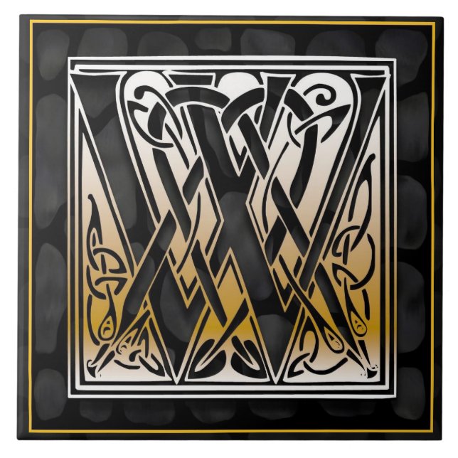 Celtic Black Stone W Monogram Initial Tile (Front)