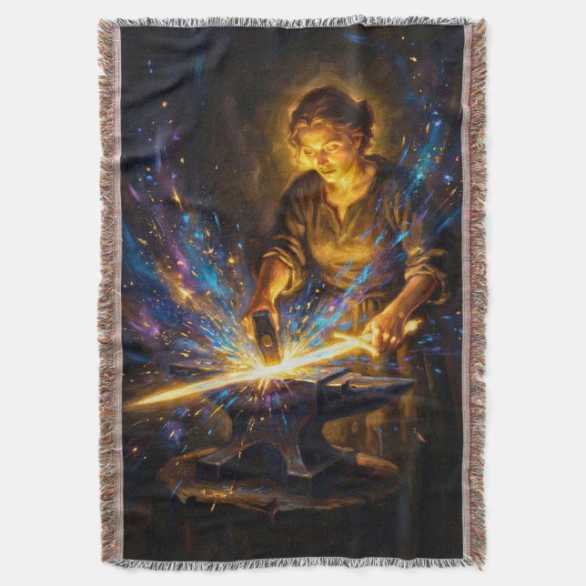 Celtic Blacksmith Goddess Forging Sword Fantasy Ar Throw Blanket (Front Vertical)