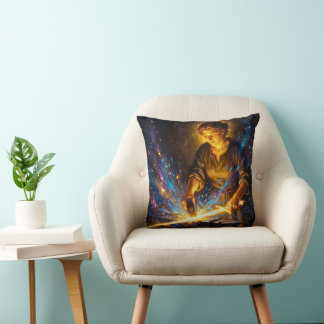Celtic Blacksmith Goddess Forging Sword Fantasy Ar Throw Pillow