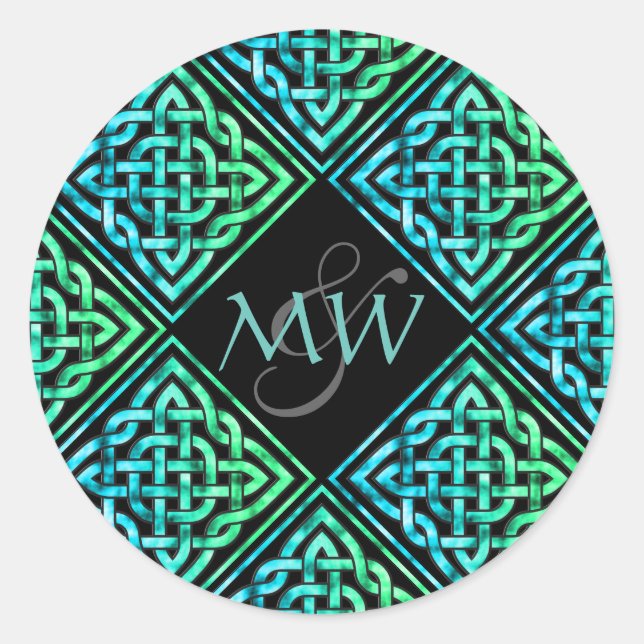 Celtic Blue Green Wedding Monogram Sticker (Front)