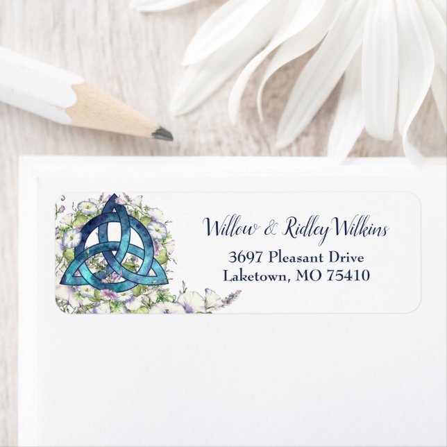 Celtic Blue Triquetra Watercolor Floral Address (Insitu)