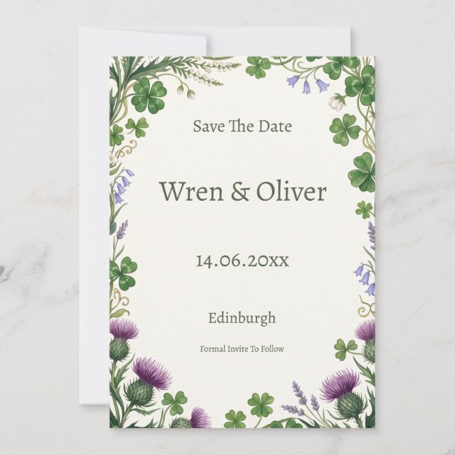 Celtic Botanical Save the Date Card | Scottish Thi (Front)