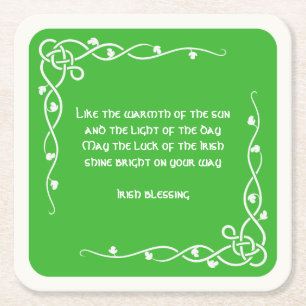 Celtic Braid - White and Green Irish Blessing (#2) Square Paper Coaster