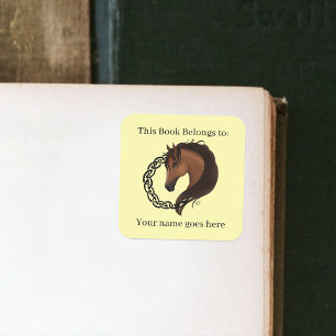 Celtic Brown Horse Yellow Bookplate Square Sticker