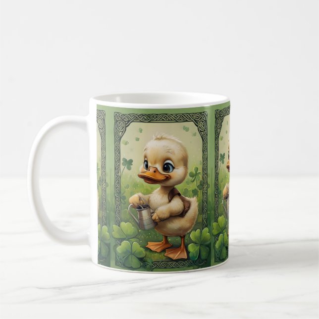 Celtic Charm: Duckling Watering Four-Leaf Clovers  Coffee Mug (Left)