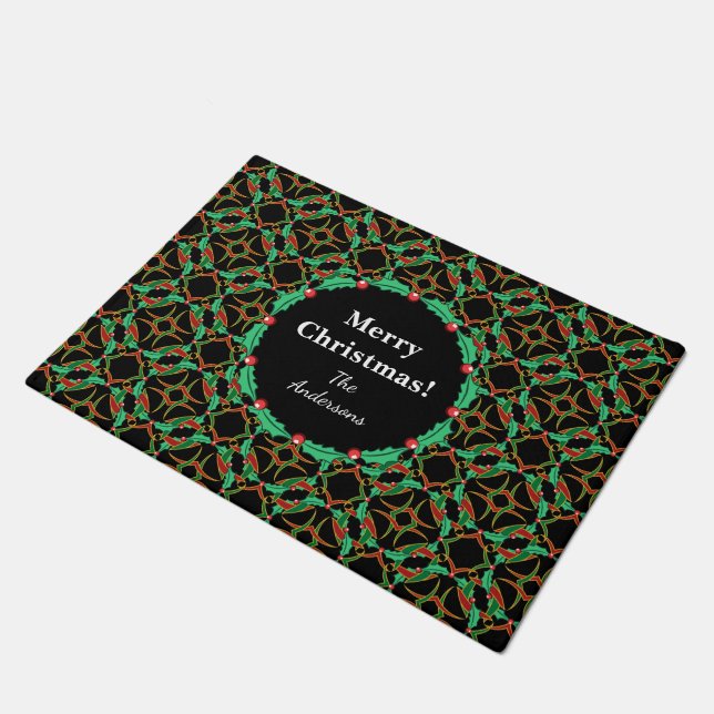Celtic Christmas Holly Wreath Pattern Personalized Doormat (Angled)