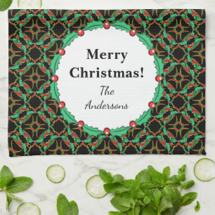 Celtic Christmas Holly Wreath Pattern Personalized Kitchen Towel
