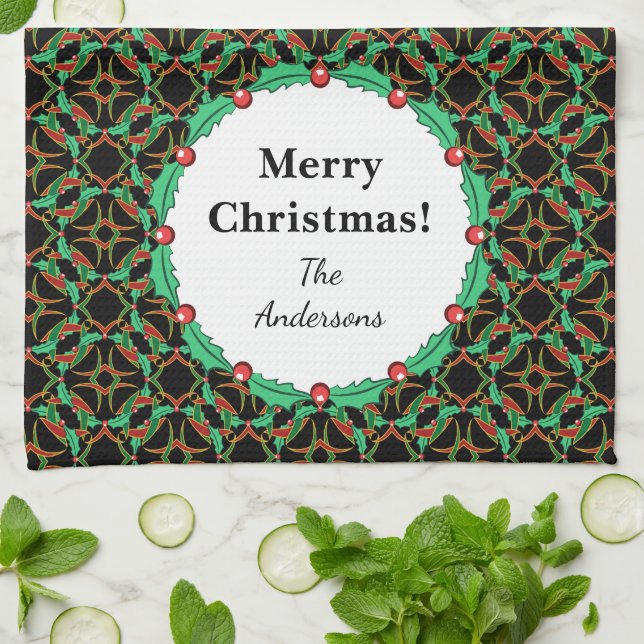 Celtic Christmas Holly Wreath Pattern Personalized Kitchen Towel (Folded)