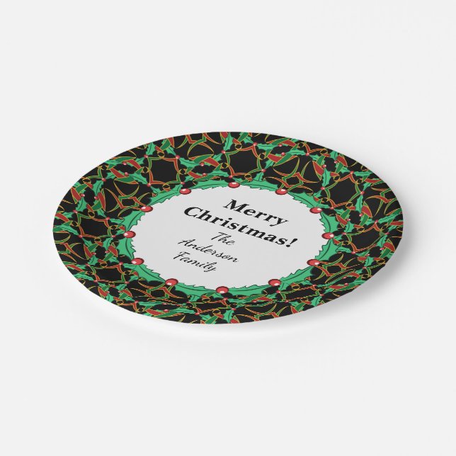 Celtic Christmas Holly Wreath Pattern Personalized Paper Plate (Angled)