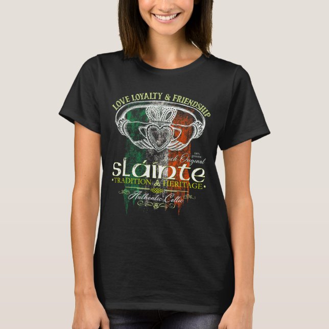 Celtic Claddagh Slainte Nge Irish Flag St. Patrick T-Shirt (Front)