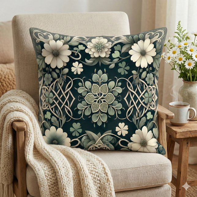 Celtic Clover Floral Charm Throw Pillow (Celtic Clover Floral Charm Throw Pillow Mockup A)