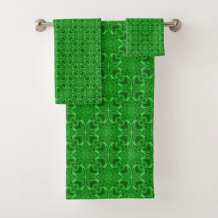 Celtic Clover Vintage Green Fractal Kaleidoscope Bath Towel Set