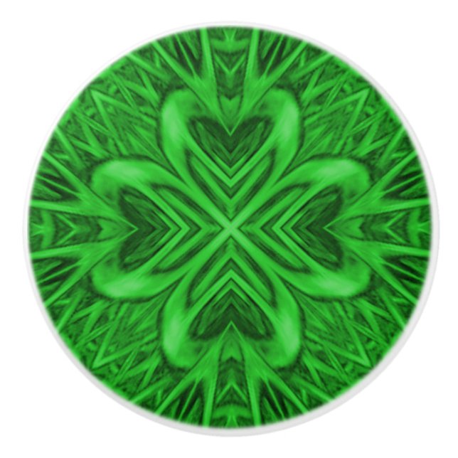Celtic Clover Vintage Green Fractal Kaleidoscope Ceramic Knob (Front)