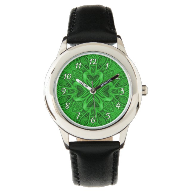 Celtic Clover Vintage Green Fractal Kaleidoscope Watch (Front)