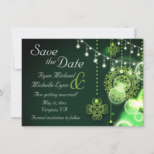 Celtic Clovers and String Lights Irish Wedding Save The Date (Front)