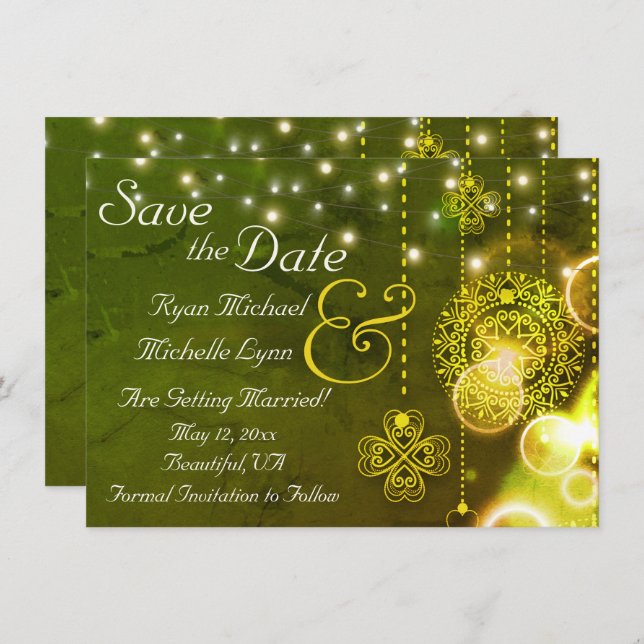 Celtic Clovers and String Lights Irish Wedding Save The Date (Front/Back)