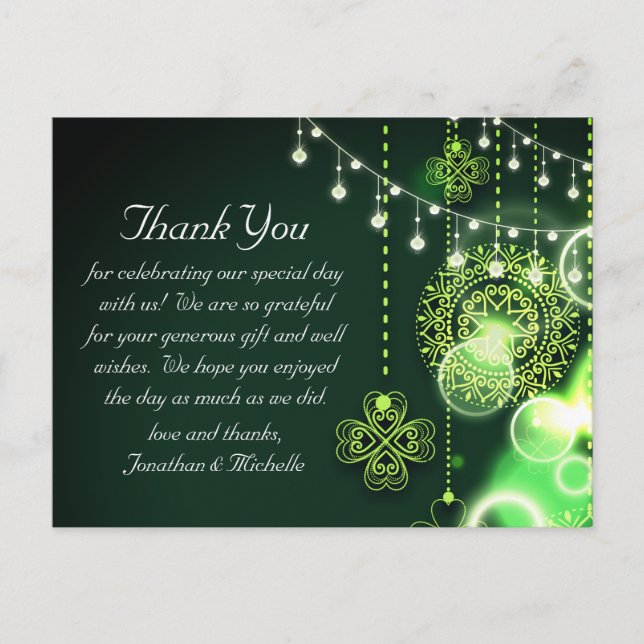 Celtic Clovers and String Lights Wedding Thank You Postcard (Front)