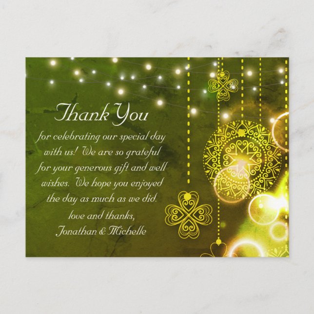 Celtic Clovers and String Lights Wedding Thank You Postcard (Front)